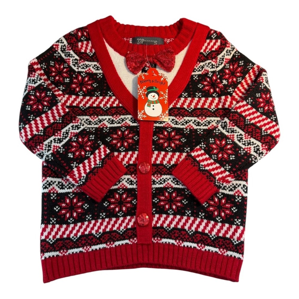 Kids‎ Christmas Sweater Cardigan with Sequin Bow 33Degrees Red Fair Isle M(5)